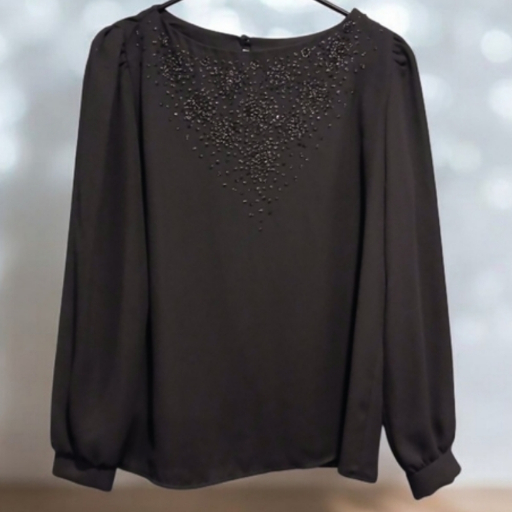 Vtg 70s Rhoda Lee Black Rhinestone Blouse size 14 Large Balloon Sleeves Fairy